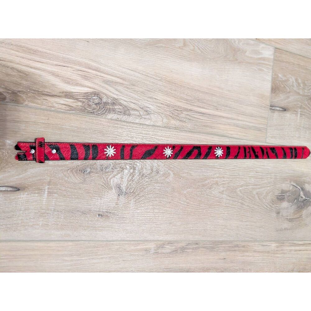 3D Leather Kids Small Red Zebra Hair-on-Hide Belt Western Rhinestone No Buckle